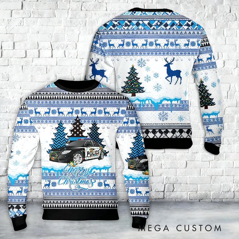 Personalized Police Themed Ugly Christmas Sweater Christmas Gift for Law Enforcement Fans Police Officer