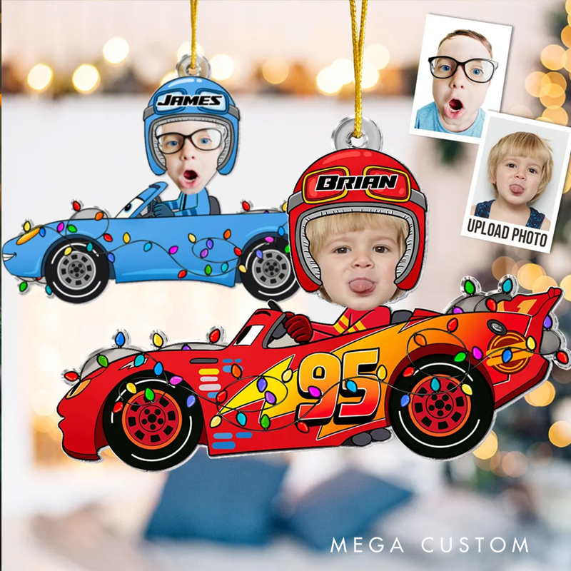 Personalized Photo Racing Car Ornament Custom Design Fun Gift for Kids and Families