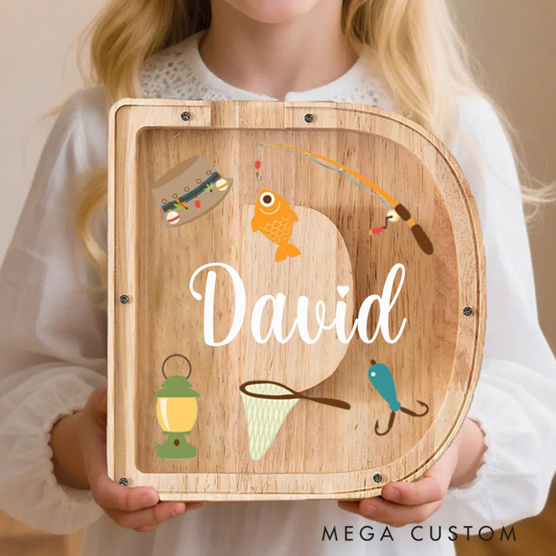 Personalized Fishing Themed Letter-Shaped Piggy Bank Custom Wooden Coin Bank Gift for Kids and Fishing Lovers