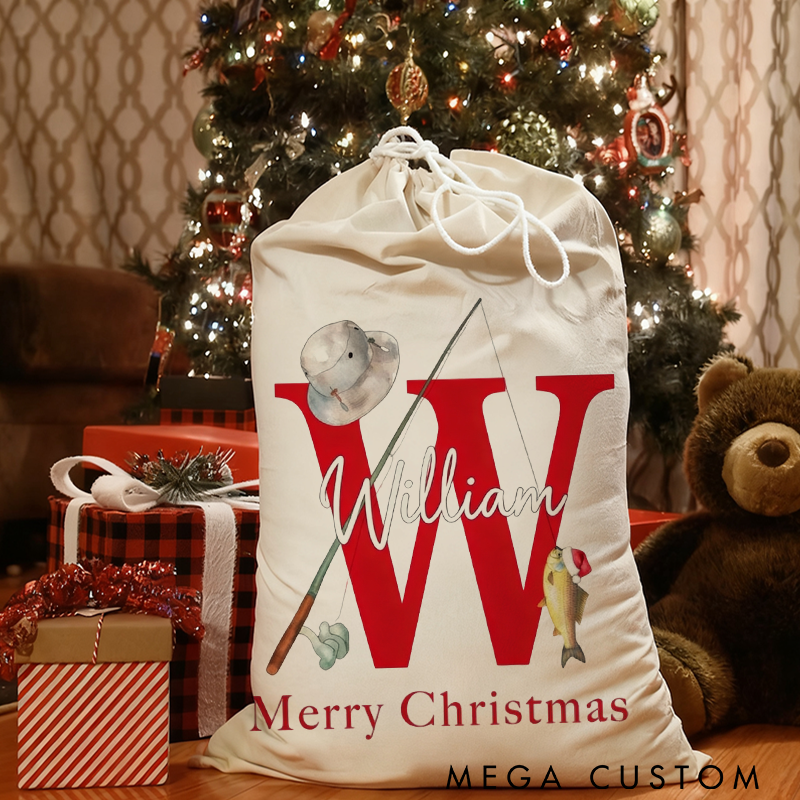 Personalized Fishing Themed Christmas Gift Bag Custom Name Santa Sack for Fishing Lovers Perfect Holiday Decoration and Gift Storage