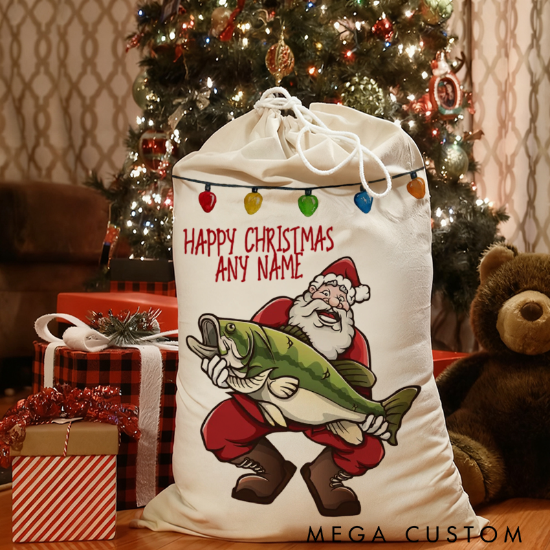Personalized Fishing Santa Christmas Gift Bag Custom Name Holiday Sack for Fishing Enthusiasts Perfect for Gifts and Festive Decor
