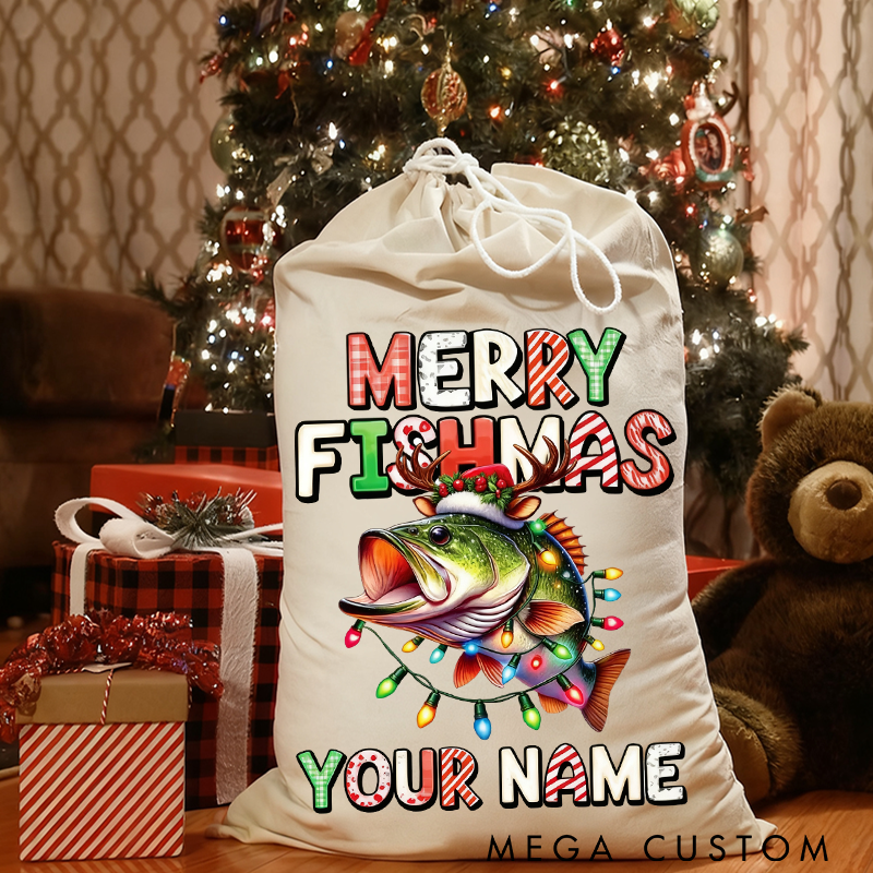 Personalized Merry Fishmas Gift Bag Custom Name Christmas Sack for Fishing Lovers Funny Holiday Decoration and Gift Storage