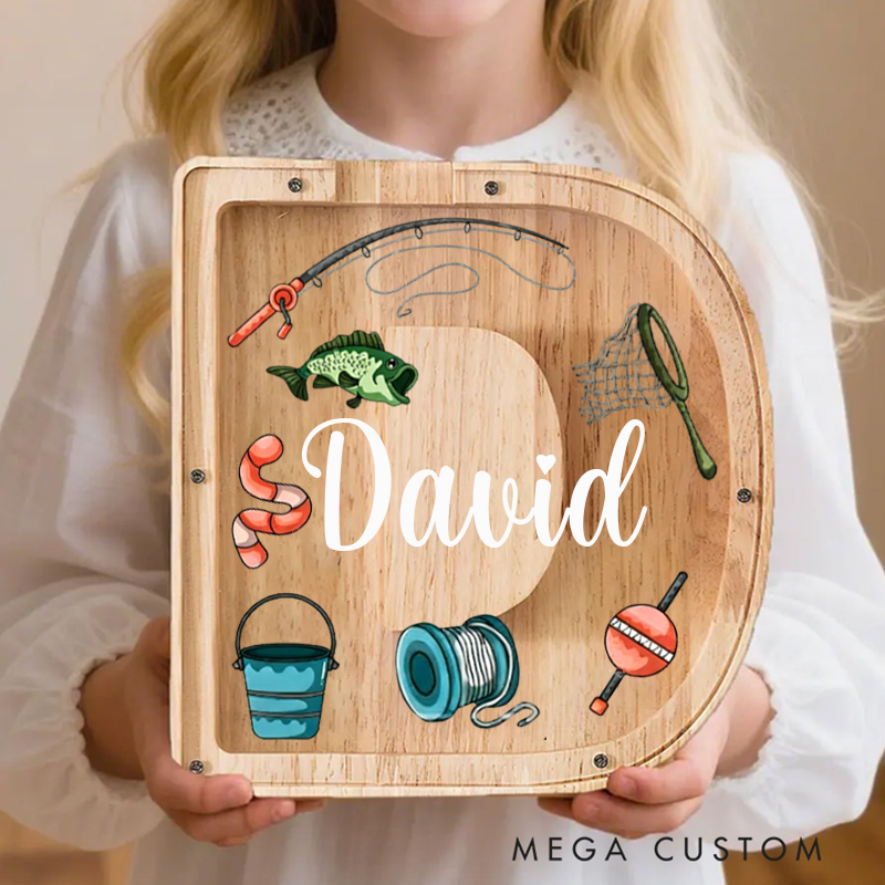 Personalized Fishing Themed Letter Coin Bank Custom Name Wooden Money Box for Fishing Lovers Unique Gift and Home Decor