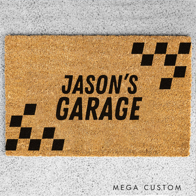 Personalized Racing Checkered Flag Doormat Custom Text Garage Entrance Mat Gift for Car Lovers
