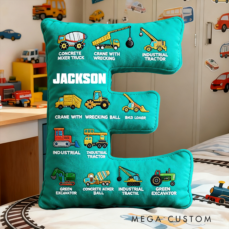 Personalized Construction Letter Custom Name Soft Decorative Gift Builder Truck Style Cozy Bedroom Blue Crane Excavator Tractor Vehicle Fun Boy Room Graphic 3D Print Pillow