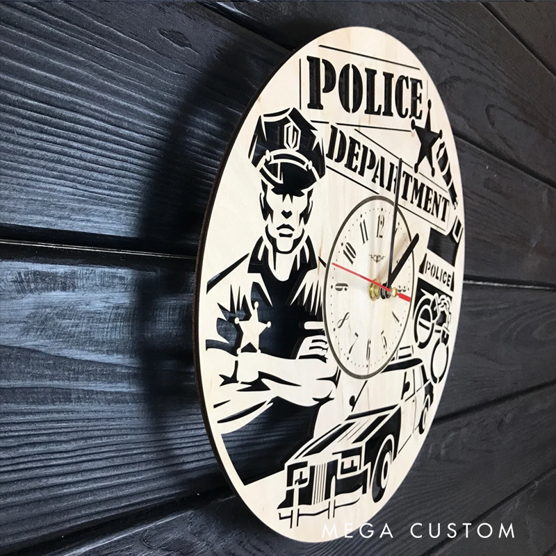 Personalized Police Department Wooden Wall Clock with Engraved Design Gift for Police Officers and Law Enforcement