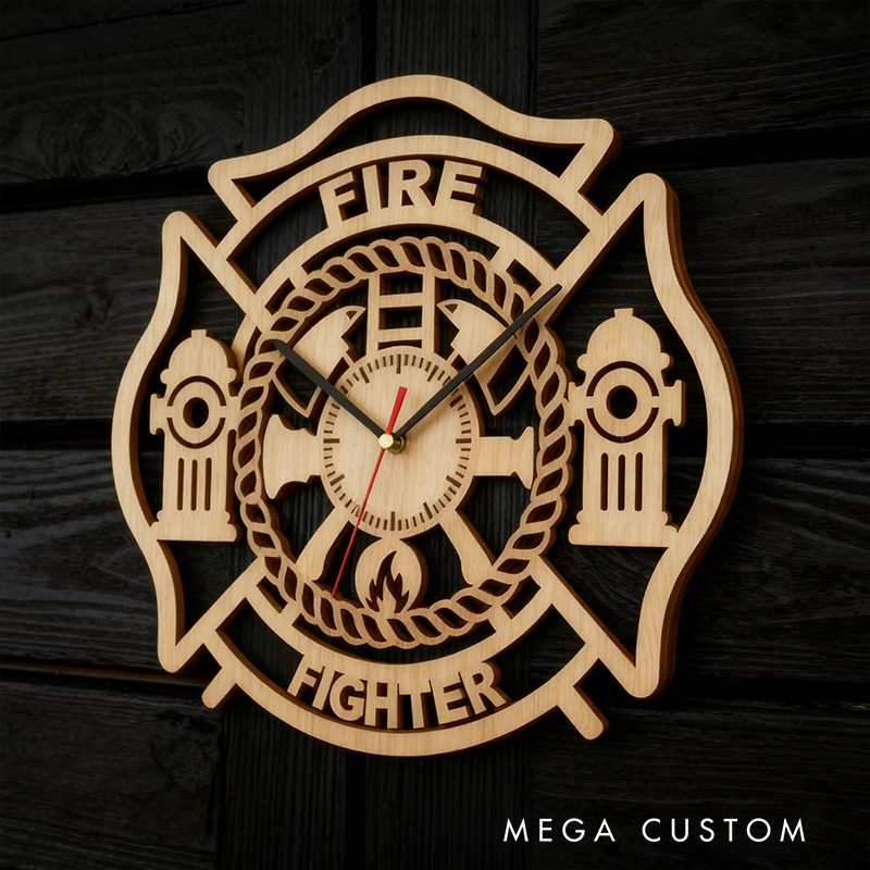 Personalized Firefighter Maltese Cross Wooden Wall Clock with Engraved Design Gift for Firefighters and Everyday Heroes