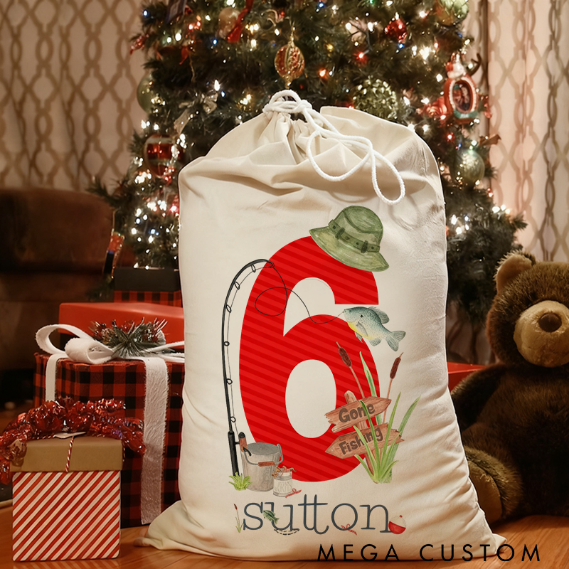 Personalized Fishing Gift Bag Christmas Children Gift Bag Custom Name and Number Design with Fishing Theme Perfect for Christmas Gifts or Fishing Gear Storage