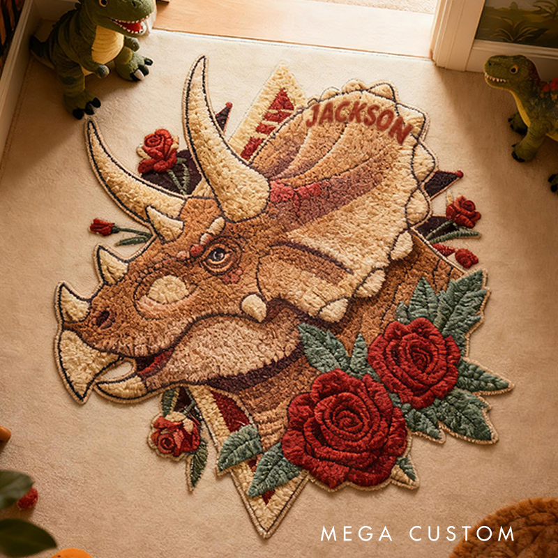 Personalized Triceratops Custom Name Soft Decorative Gift Adventure Style Cozy Bedroom Brown Red Rose Wild Prehistoric Animal Fun Explorer Boy Room Graphic 3D Print Pillow
