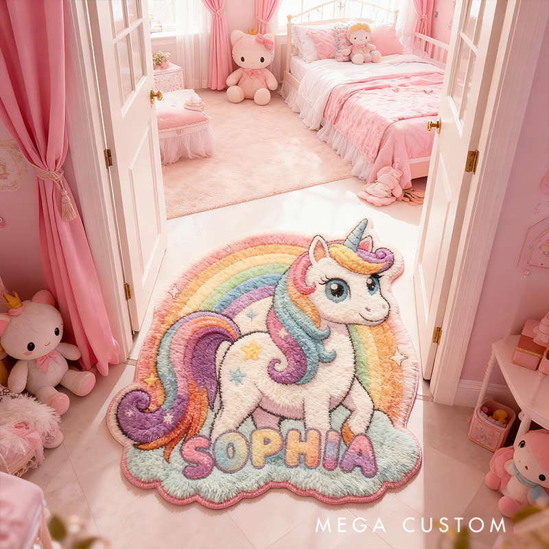 Personalized Rainbow Horse Rainbow Custom Name Soft Decorative Gift Magical Fantasy Style Cozy Nursery Pink Purple Star Dream Lovely Cute Baby Room Playtime Sweet Carpet Rug for Kids