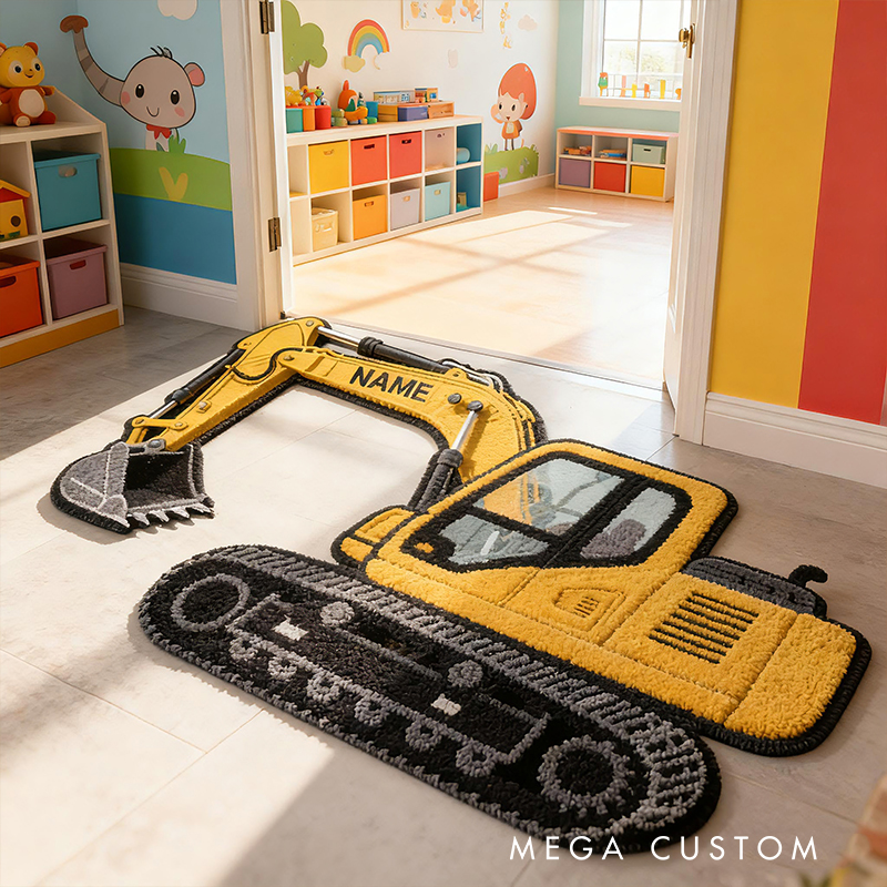 Personalized Excavator Truck Custom Name Soft Decorative Gift Construction Vehicle Style Cozy Bedroom Yellow Builder Machine Fun Playtime Adventure Boy Room Carpet Rug for Kids