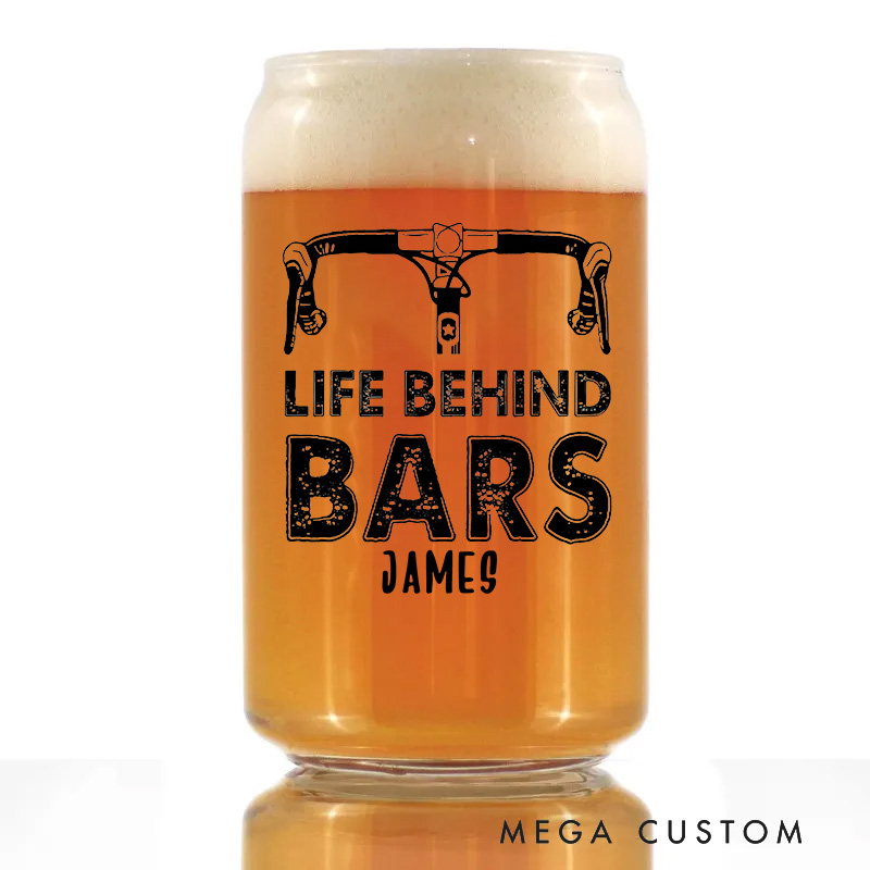 Personalized Life Behind Bars Bike Glass Bicycle Barware Screenprinted Pint Glass Beer Cycling Art Gift for Cyclists Biker Cycling Lovers