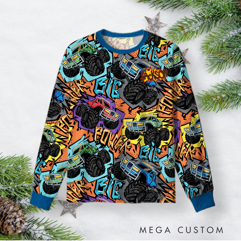 Personalized Monster Truck Racing Themed Christmas Pajamas with Colorful Graphics Gift for Motorsport Fans