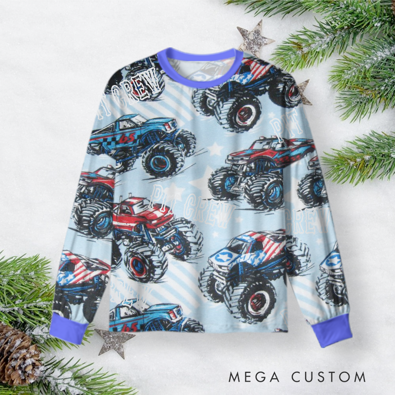 Personalized Monster Truck Christmas Pajama Set with Cool Blue Design Vehicle Lover Gift