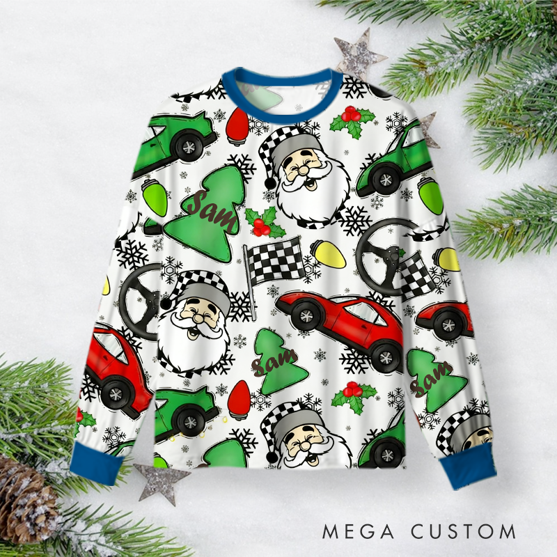 Personalized Christmas Pajama Set with Santa and Car Themed Festive Design Vehicle Lover Gift