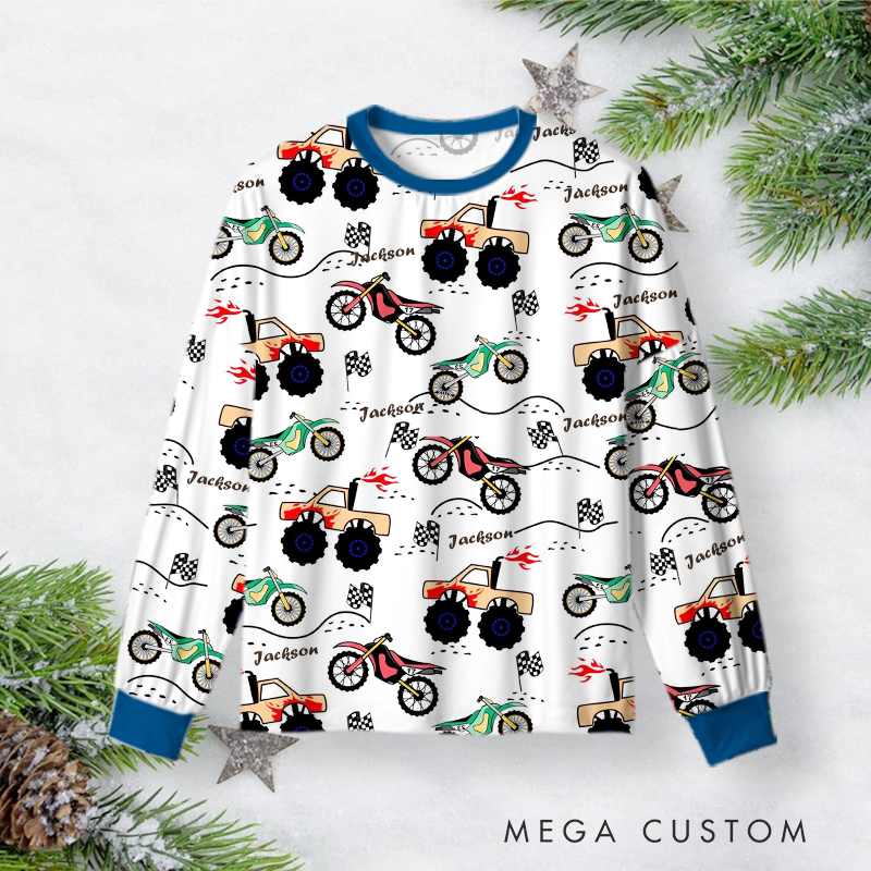 Personalized Monster Truck Christmas Pajama Set with Custom Name and Festive Design Vehicle Lover Gift