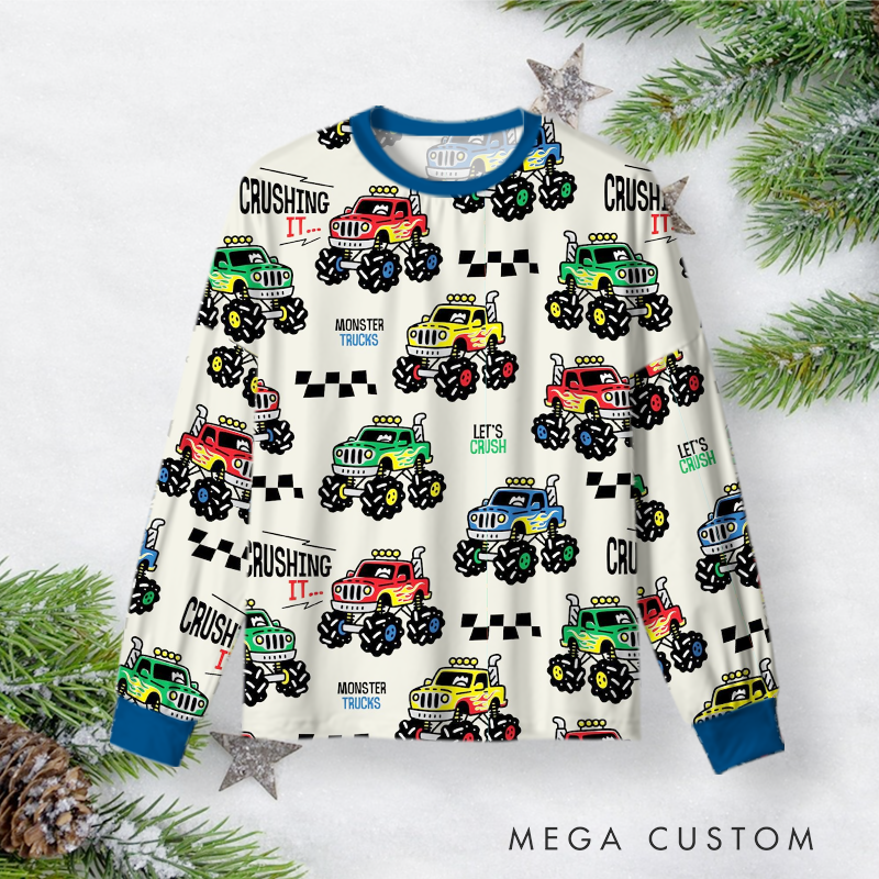 Personalized Monster Truck Christmas Pajama Set with Colorful Checkered Design Vehicle Lover Gift