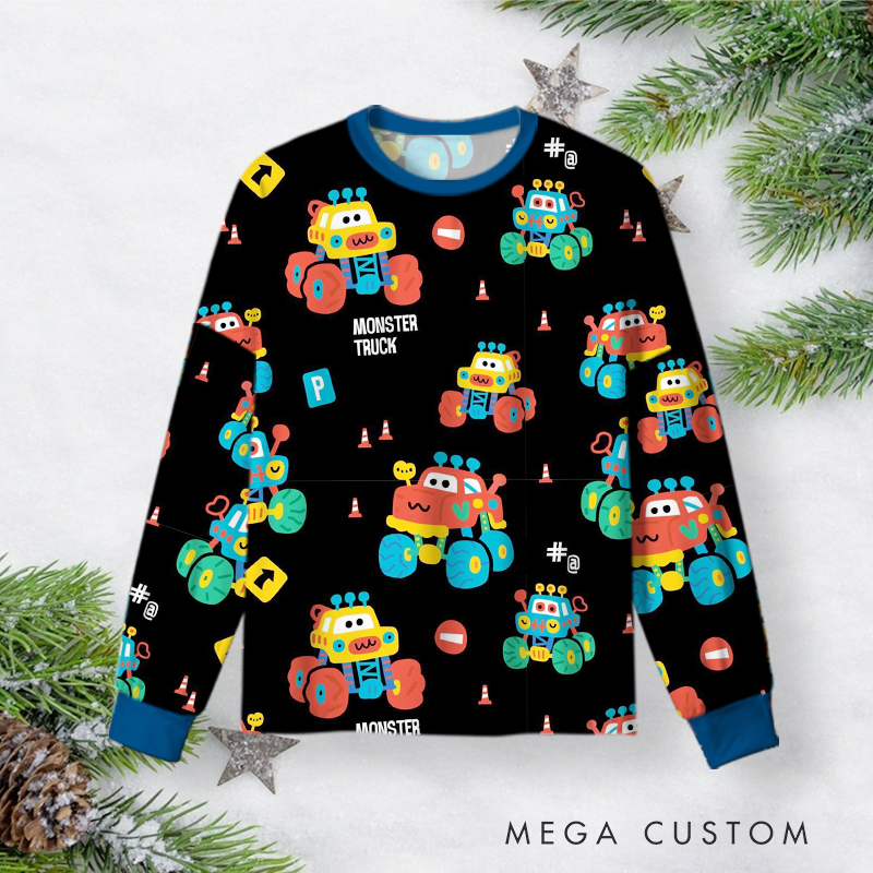 Personalized Monster Truck Christmas Pajama Set with Fun Cartoon Design Vehicle Lover Gift