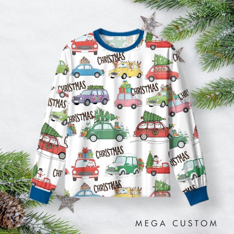 Personalized Christmas Pajama Set with Festive Car and Tree Design Vehicle Lover Gift