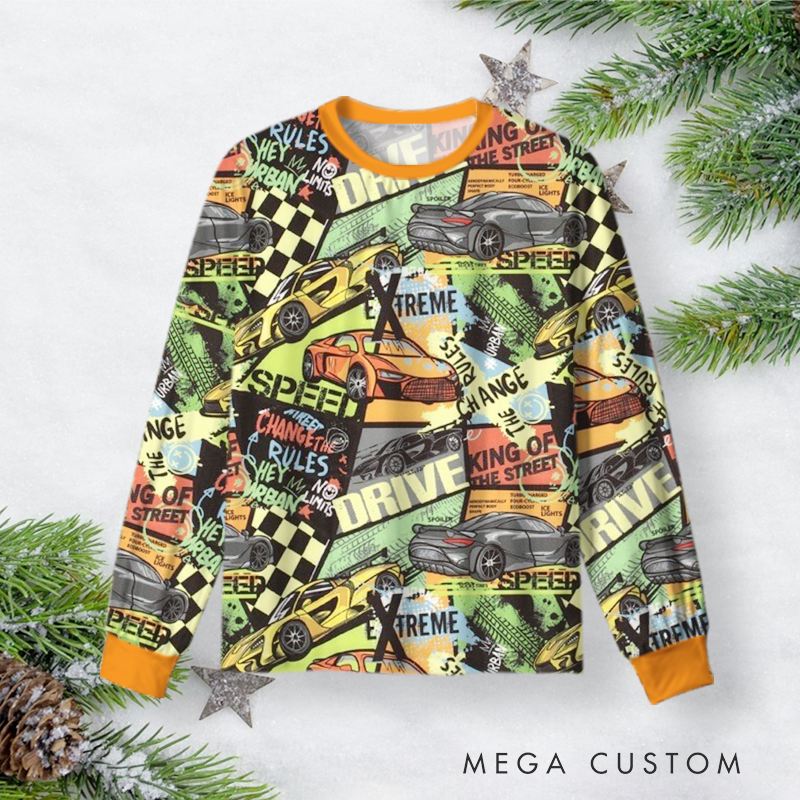 Personalized Race Car Christmas Pajama Set with Bold Graphic Design Vehicle Lover Gift