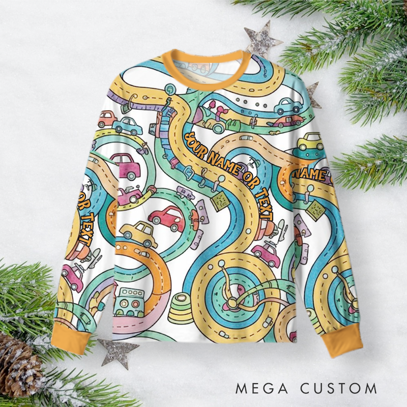 Personalized Road Map Christmas Pajama Set with Fun and Colorful Design Vehicle Lover Gift