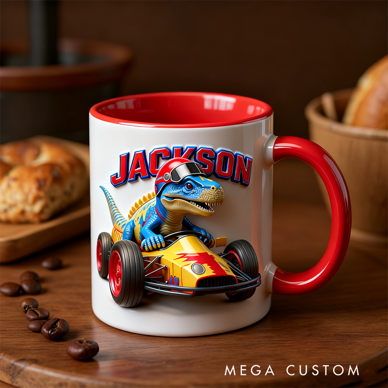 Personalized Dinosaur Race Car Mug Custom Name Christmas Gift for Vehicle Lovers