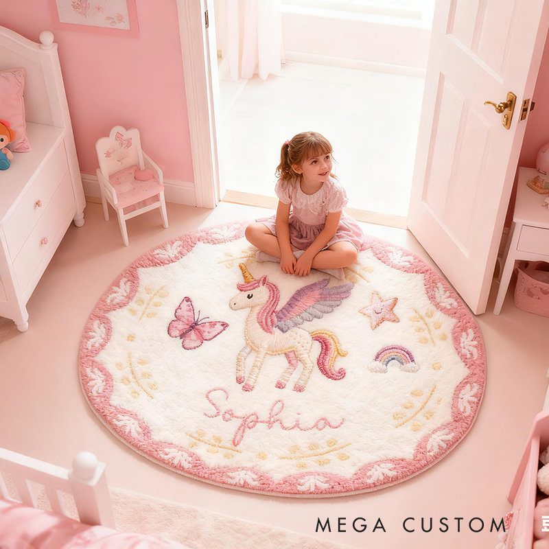 Personalized Dream Horse Name Custom Soft Decorative Gift Pink Rainbow Style Magical Dream Cute Flying Pony Lovely Princess Room Cozy Floor Mat Carpet Rug for Kids
