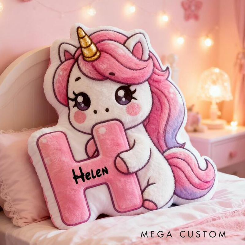 Personalized Unicorn Initial Name Custom Soft Decorative Gift Pink Cute Magical Style Lovely Pony Sweet Dream Cozy Bedroom Hug Pillow Fun Kids Room Graphic 3D Print Pillow