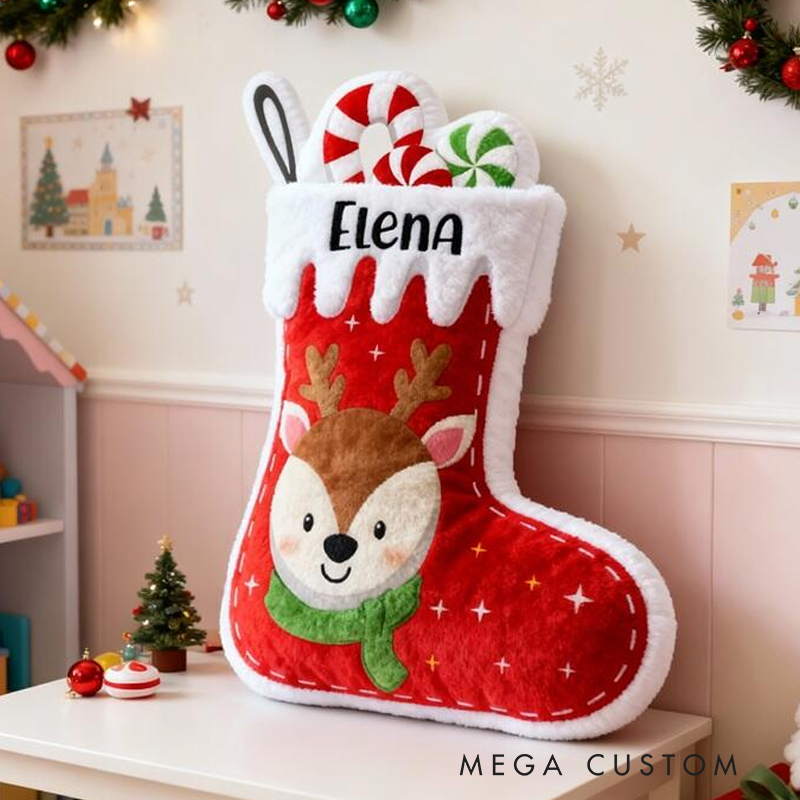 Personalized Christmas Stocking Name Custom Soft Decorative Gift Red Holiday Style Cute Reindeer Candy Cozy Winter Festive Room Lovely Joyful Graphic 3D Print Pillow