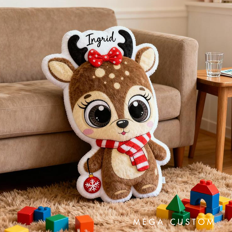 Personalized Reindeer Name Custom Soft Decorative Gift Brown Holiday Style Cute Winter Cozy Festive Lovely Animal Red Scarf Snow Fun Christmas Room Graphic 3D Print Pillow