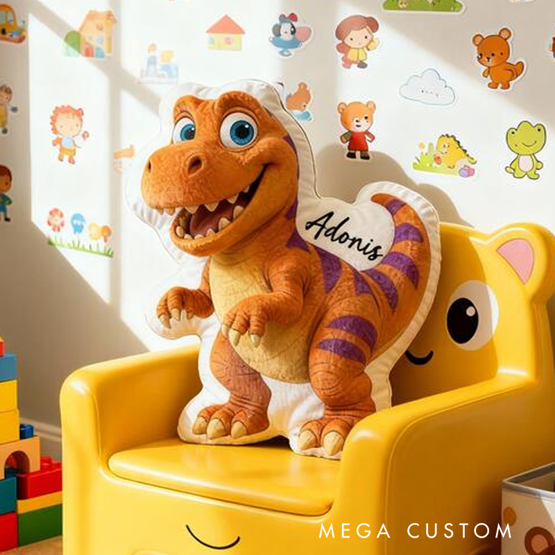 Personalized Dinosaur Name Custom Soft Decorative Gift Orange T Rex Style Fun Adventure Cute Cartoon Animal Playroom Cozy Boy Room Lovely Graphic 3D Print Pillow