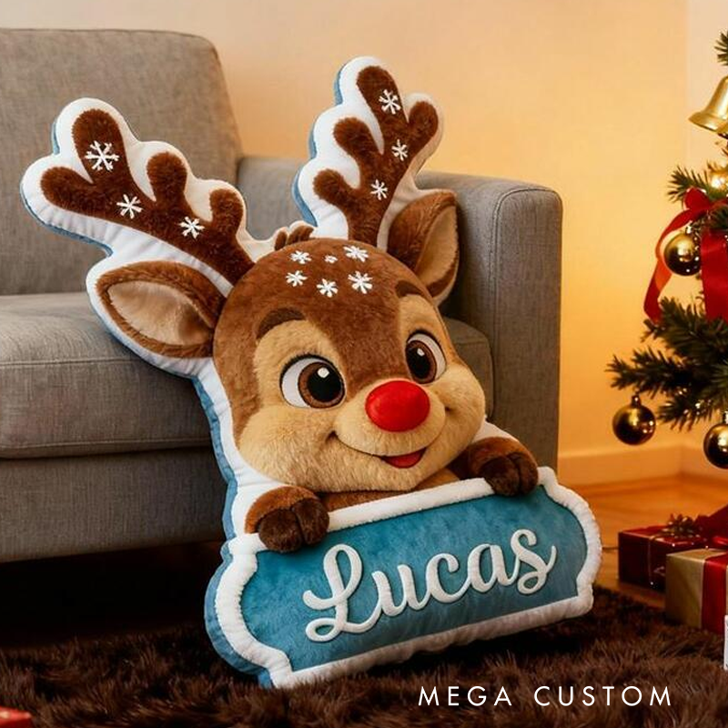 Personalized Reindeer Name Custom Soft Decorative Gift Red Nose Holiday Style Cute Winter Cozy Festive Joyful Lovely Christmas Room Fun Snowy Graphic 3D Print Pillow