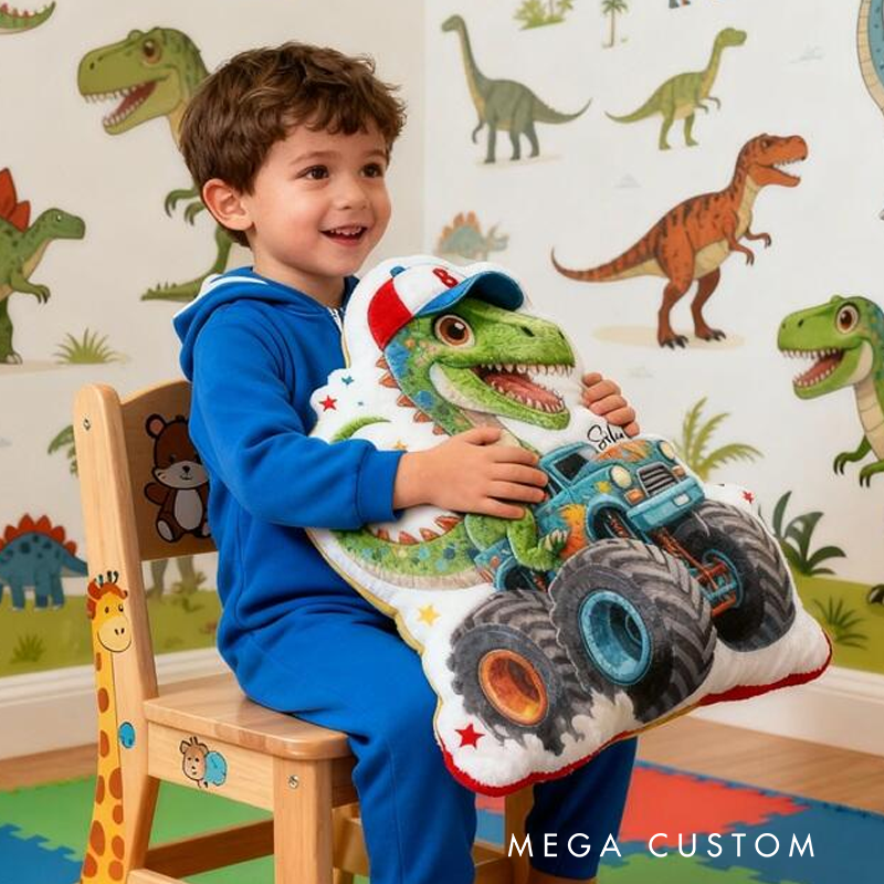 Personalized Dinosaur Truck Name Custom Soft Decorative Gift Green T Rex Style Fun Adventure Monster Car Cool Playroom Cozy Boy Room Exciting Graphic 3D Print Pillow