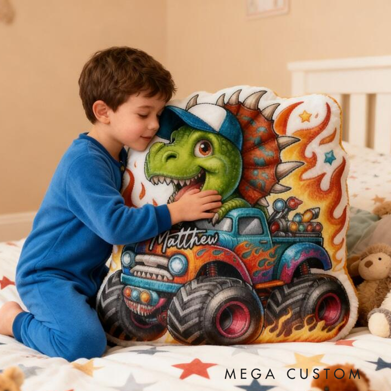 Personalized Dinosaur Truck Name Custom Soft Decorative Gift Green Spinosaurus Style Fun Adventure Monster Car Cool Playroom Cozy Boy Room Exciting Graphic 3D Print Pillow