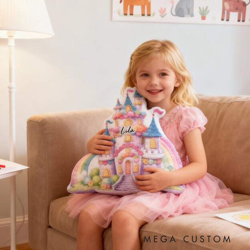 Personalized Rainbow Castle Name Custom Soft Decorative Gift Colorful Fairytale Style Cute Magical Dream Princess Cozy Bedroom Lovely Fantasy Playroom Graphic 3D Print Pillow