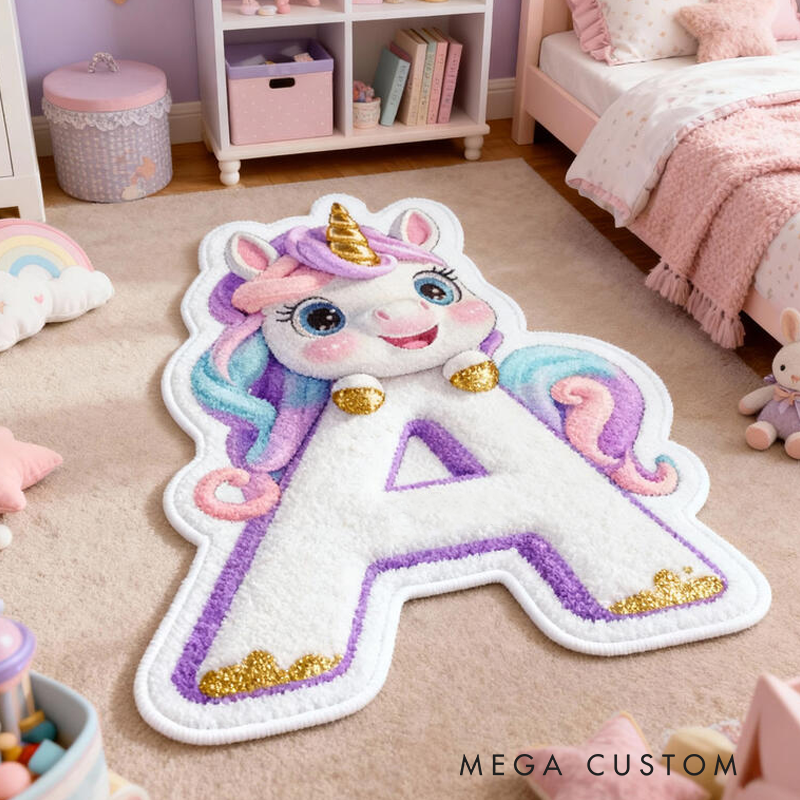 Personalized Dream Horse Letter Name Custom Soft Decorative Gift Rainbow Pastel Style Cute Magical Dream Lovely Princess Cozy Bedroom Playroom Fun Fantasy Carpet Rug for Kids