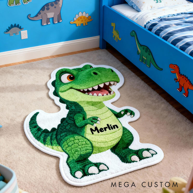 Personalized Dinosaur Name Custom Soft Decorative Gift Green T Rex Style Fun Adventure Playroom Cozy Boy Room Cute Jurassic Fantasy Friendly Creature Carpet Rug for Kids