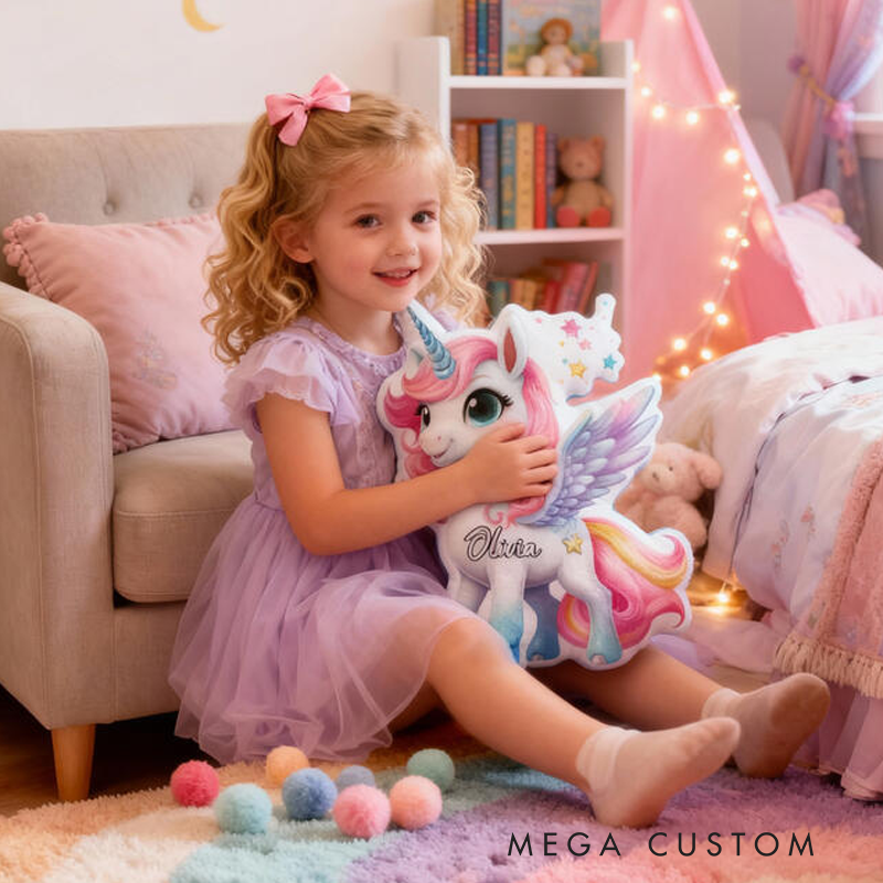 Personalized Dream Horse Pegasus Name Custom Soft Decorative Gift Magical Rainbow Style Cute Fantasy Dream Lovely Princess Cozy Bedroom Playroom Starry Graphic 3D Print Pillow