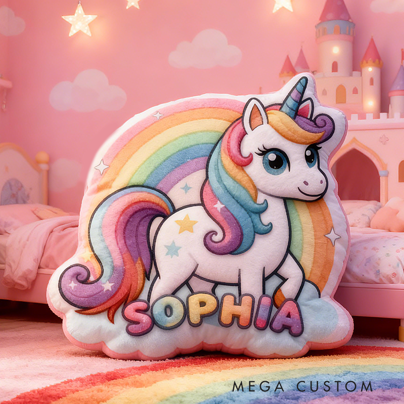 Personalized Dreamy Horse Rainbow Name Custom Soft Decorative Gift Magical Fantasy Style Cute Dream Lovely Princess Cozy Bedroom Playroom Colorful Starry Fun Graphic 3D Print Pillow
