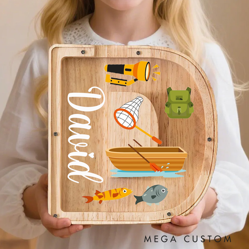 Personalized Fishing Themed Wooden Letter Piggy Bank Fun Boat and Fishing Gear Design Custom Name Perfect Gift for Kids and Anglers