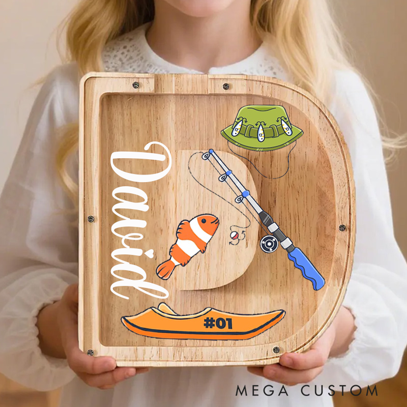 Personalized Fishing Themed Wooden Letter Piggy Bank Fun Fishing Hat Rod and Boat Design Custom Name Perfect Gift for Kids and Anglers