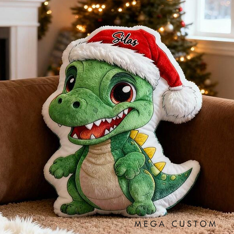 Personalized Christmas Dino Name Custom Soft Decorative Gift Green T Rex Style Cute Holiday Fun Cozy Playroom Lovely Boy Room Festive Cheerful Santa Hat Graphic 3D Print Pillow