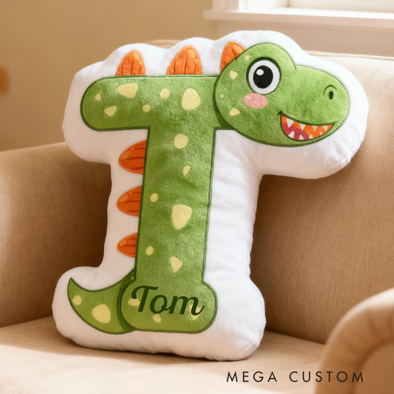 Personalized Dinosaur Letter Name Custom Soft Decorative Gift Green Dragon Style Fun Cute Cozy Playroom Lovely Boy Room Jurassic Fantasy Friendly Creature Graphic 3D Print Pillow