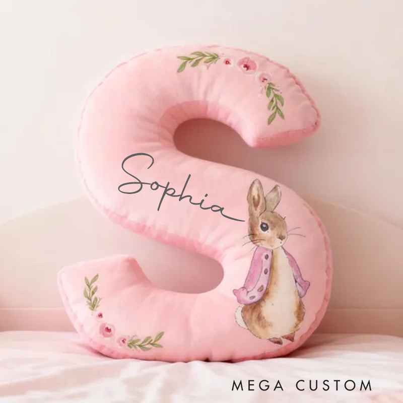 Personalized Bunny Letter Name Custom Soft Decorative Gift Floral Style Cute Gentle Cozy Bedroom Lovely Room Spring Garden Sweet Rabbit Accent Graphic 3D Print Pillow