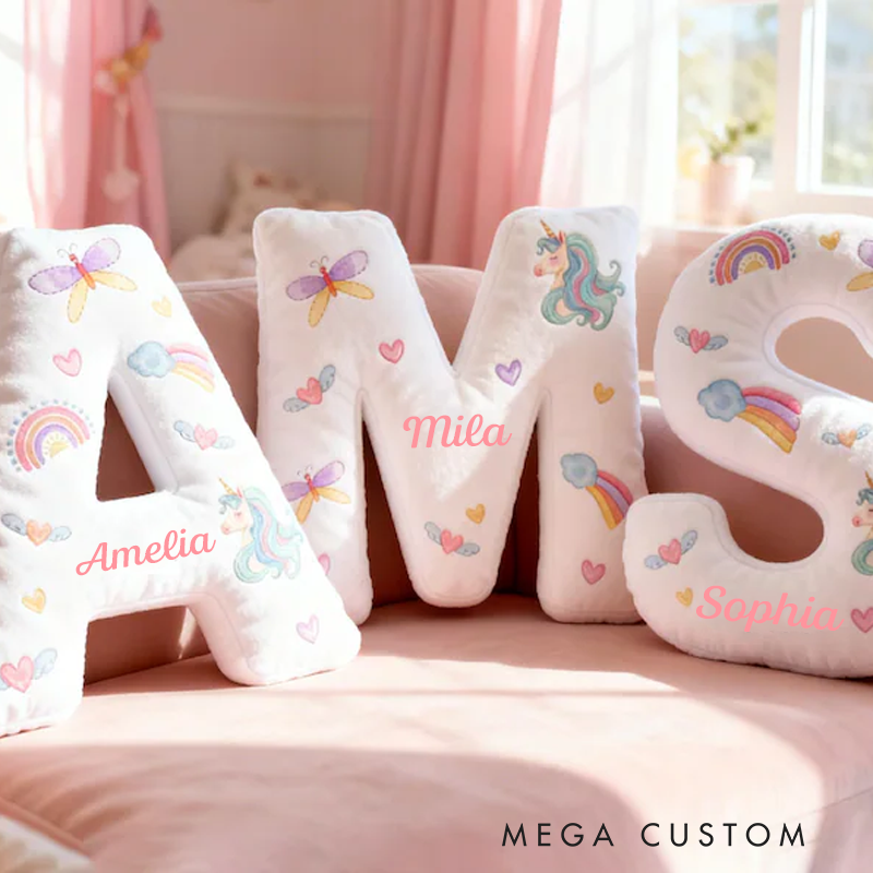 Personalized Dreamy Horse Letter Name Custom Soft Decorative Gift Rainbow Heart Style Cute Magical Dream Lovely Princess Cozy Bedroom Playroom Sweet Fantasy Graphic 3D Print Pillow