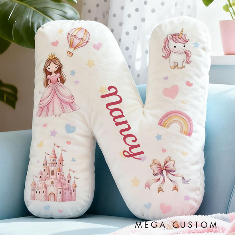 Personalized Princess Letter Name Custom Soft Decorative Gift Castle Dreamy Horse Style Cute Dream Lovely Fairy Tale Cozy Bedroom Playroom Magical Rainbow Heart Graphic 3D Print Pillow