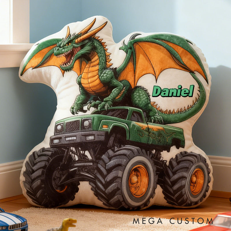 Personalized Dinosaur Monster Truck Name Custom Soft Decorative Gift Fun Playful Cozy Boy Room Exciting Power Wheels Graphic 3D Print Pillow