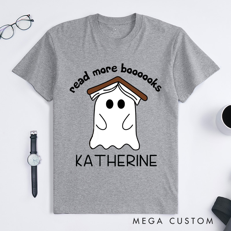Personalized Ghost Book Classic T-Shirts Fall Spooky Season Tshirt Book Lover Shirt Cute Reading Ghost Shirt Halloween Gift Librarian Gift