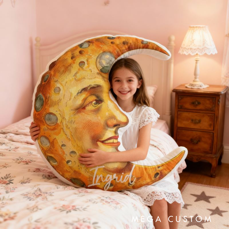 Personalized Moon Face Name Custom Soft Decorative Gift Celestial Dream Style Cozy Bedroom Magical Night Sky Star Romantic Fantasy Warm Glow Art Graphic 3D Print Pillow