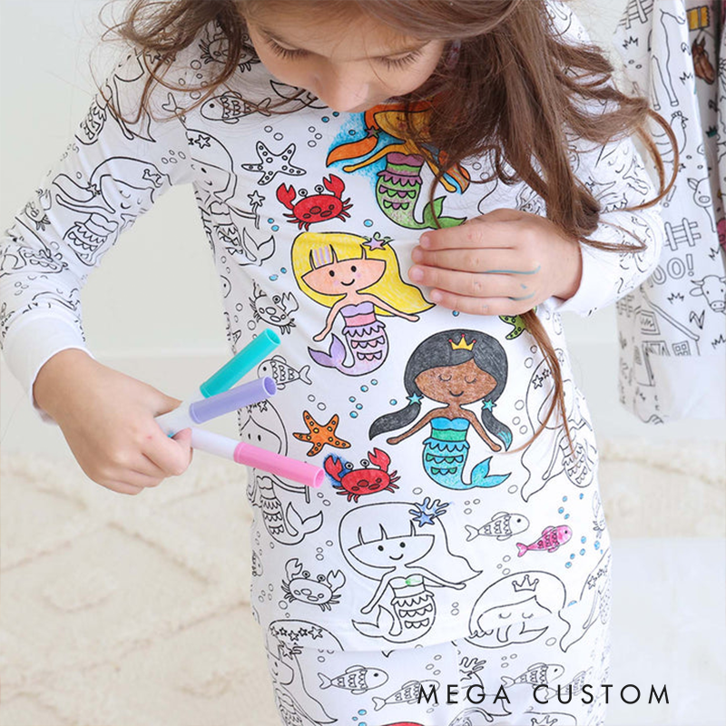Personalized Coloring Custom  Mermaid Magic Creative Gift Fun Art Style Interactive Play Educational Cozy Sleepwear Cute Dream Kids DIY Drawing Adventure Colorable Two Piece Pajama Set